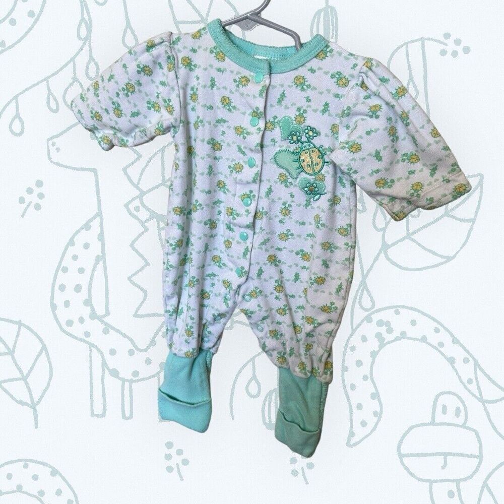 Infant Snugabye Convert-a-foot One Piece Sleeper Newborn Green Yellow Bugs